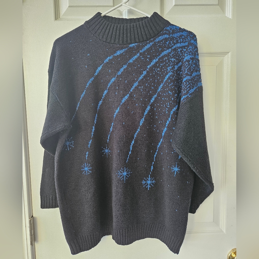 Vintage Black & Blue Winter Snowflakes Sweater- Large
